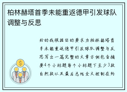 柏林赫塔首季未能重返德甲引发球队调整与反思